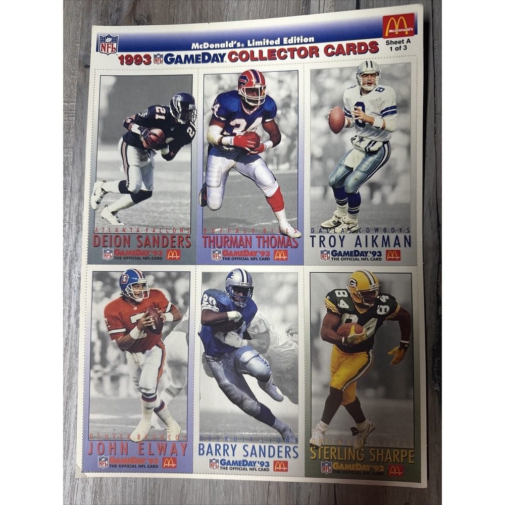 1993 McDonald's NFL Gameday Cards Sheet A Uncut – Aikman, Elway, Deion, Thurman